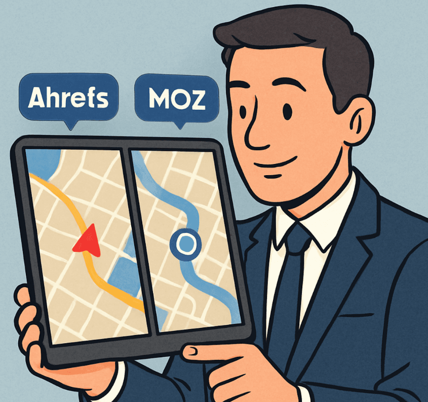 Ahrefs vs Moz dashboard comparison showing the interface differences between the library-style Moz and the data-dense Ahrefs platform