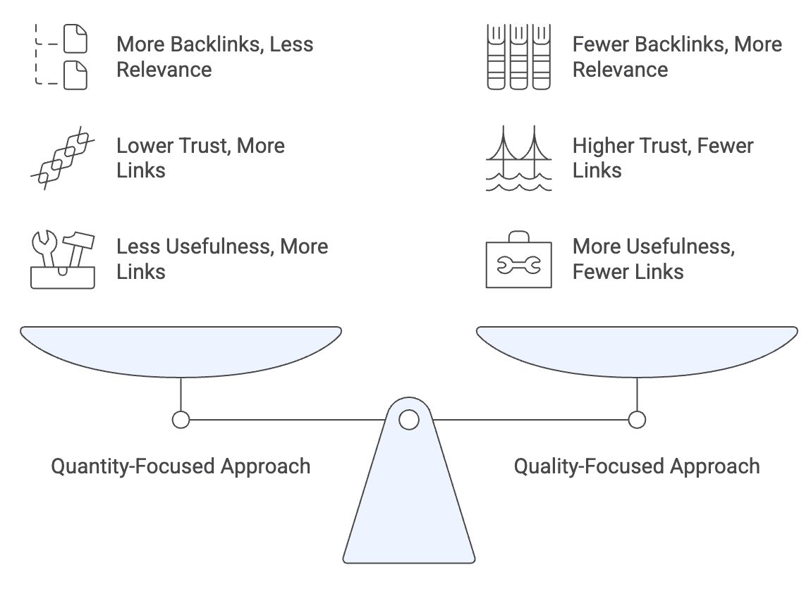 A scale comparing quantity-focused backlink approach (more links, less relevance) against a quality-focused approach (fewer links, higher trust)