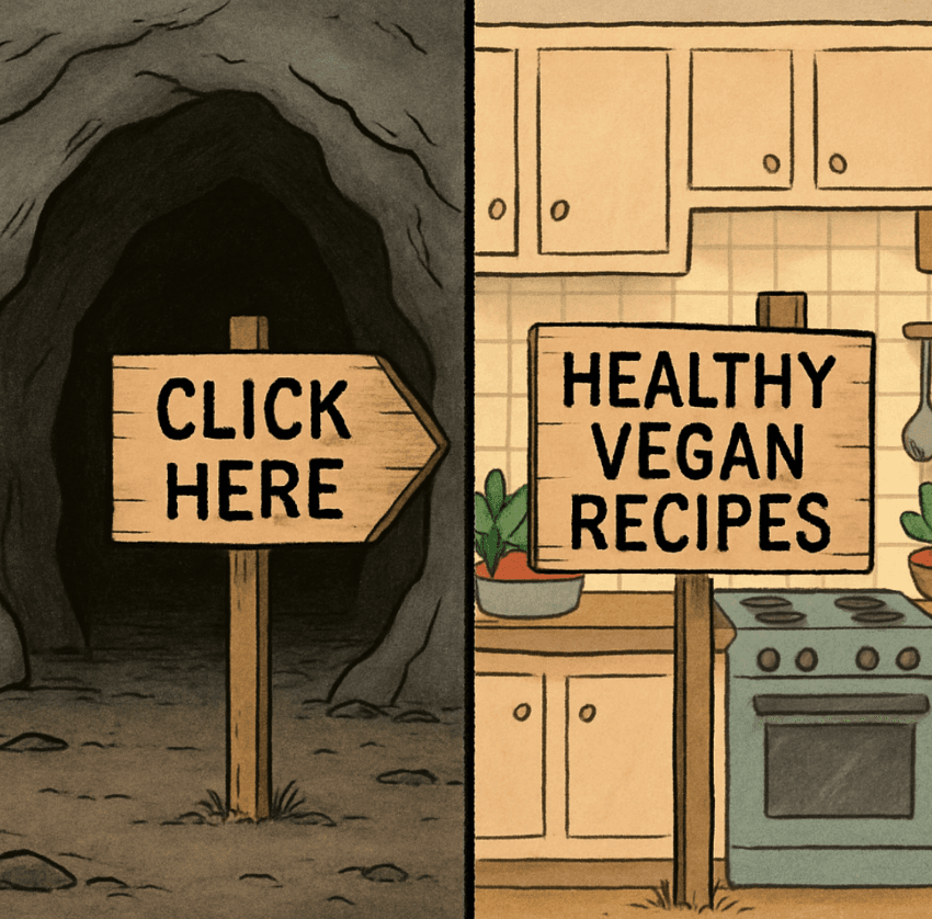 A split-screen illustration: one side shows a signpost saying 'Click Here' pointing to a dark cave; the other side shows a signpost saying 'Healthy Vegan Recipes' pointing to a bright kitchen.