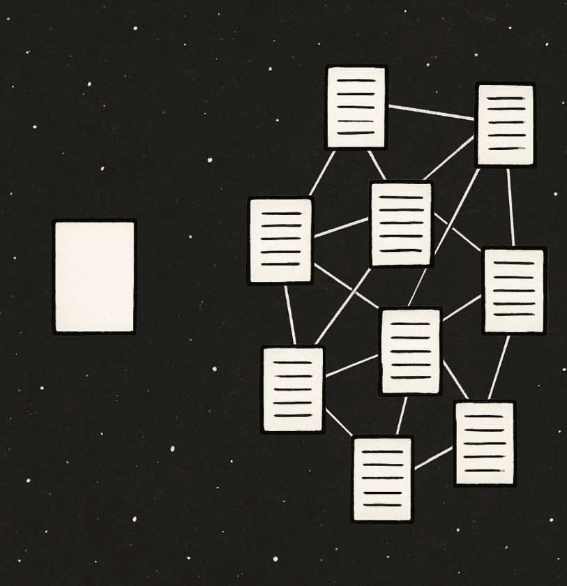 A simple illustration of a 'lonely' page floating in space with no lines connected to it, contrasting with a web of connected pages.