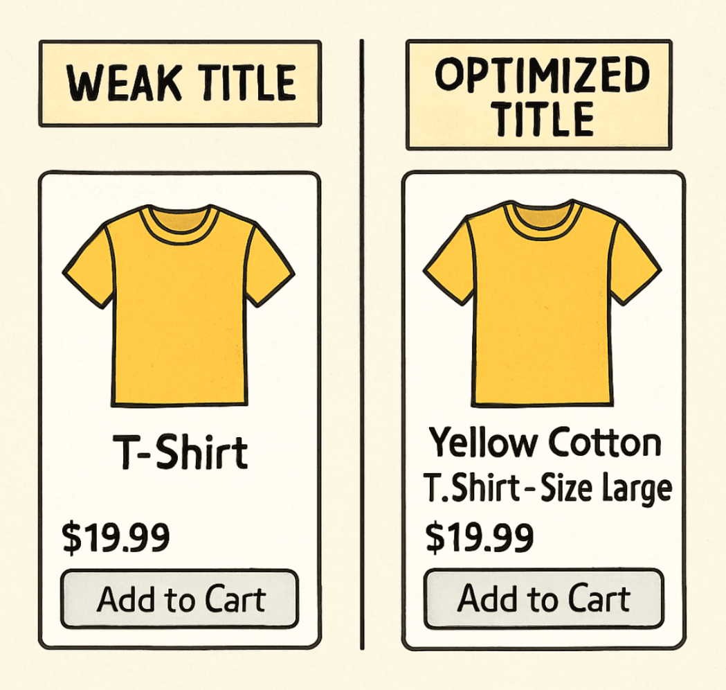 An illustration comparing a weak e-commerce title with an optimized e-commerce title