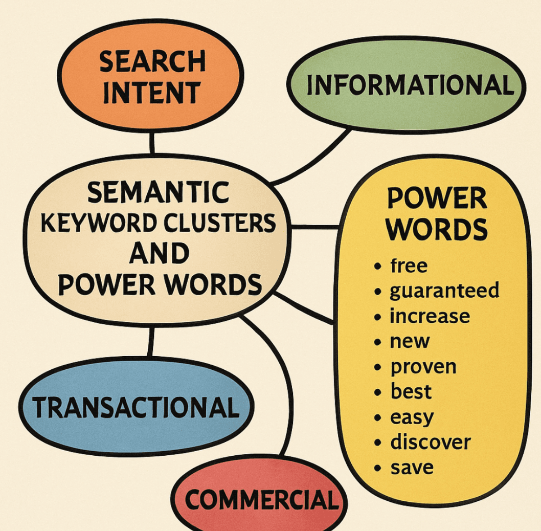A mind map showing semantic keyword clusters and power words