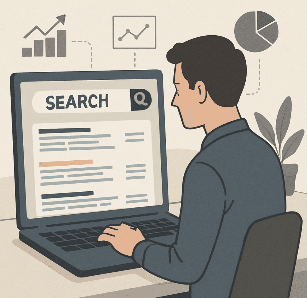 A digital marketer analyzing search engine results on a laptop monitor
