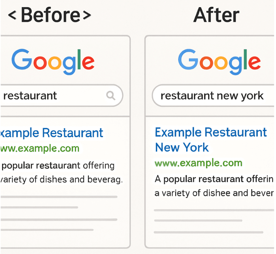 A 'Before' title tag in the code and an 'After' version where Google changed the text in the search results.