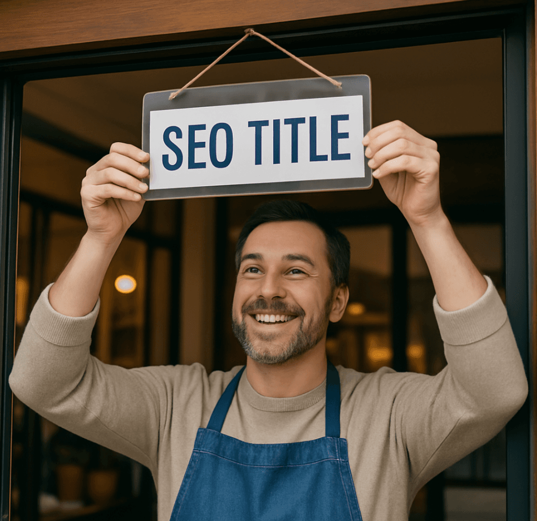 A friendly shop owner hanging a clear, inviting sign above a store door to represent the SEO title.