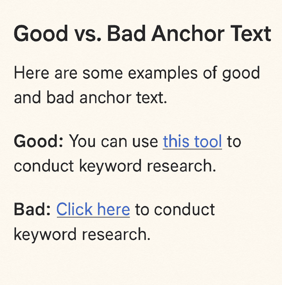 Screenshot demonstrating good versus bad anchor text examples inside a blog post