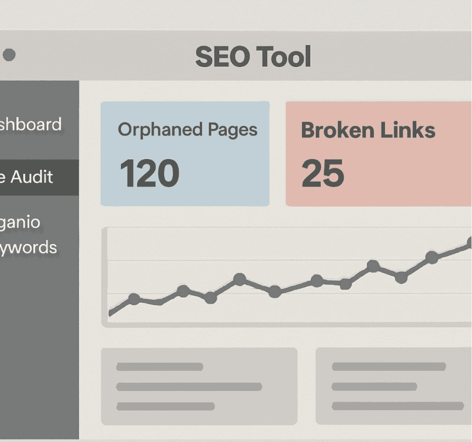 Dashboard view of an SEO tool highlighting orphaned pages and broken links