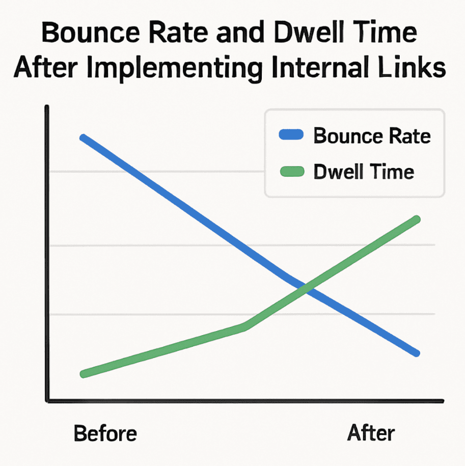 A graph showing decreased bounce rates and increased dwell time after implementing internal links