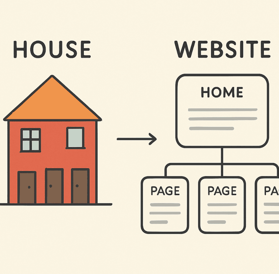 An illustration comparing a house with doors to a connected website structure
