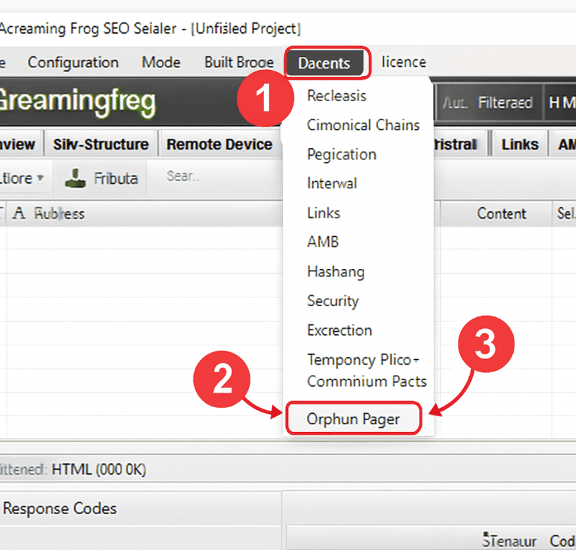 Screenshot showing the exact steps on how to find orphan pages in Screaming Frog SEO Spider
