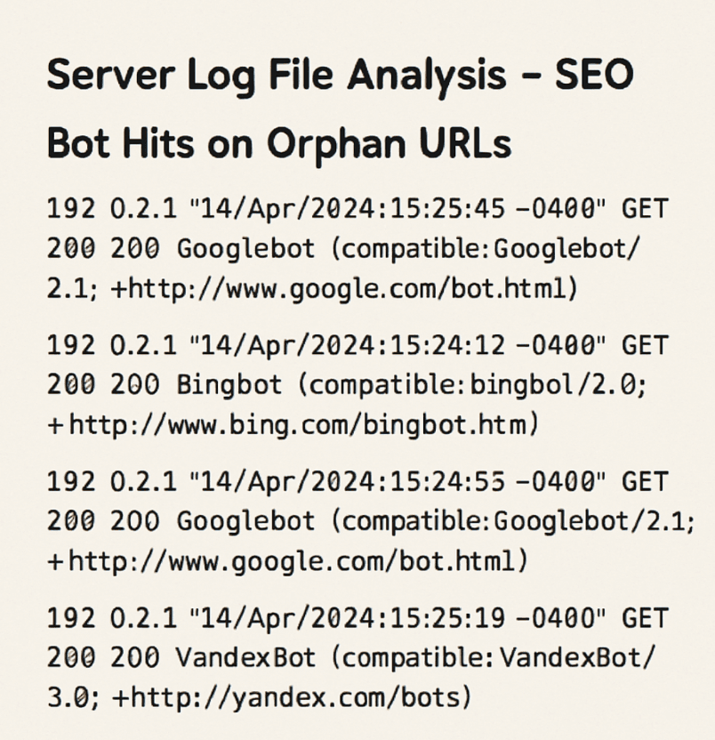 A snippet of server log file analysis for SEO showing bot hits on orphan URLs