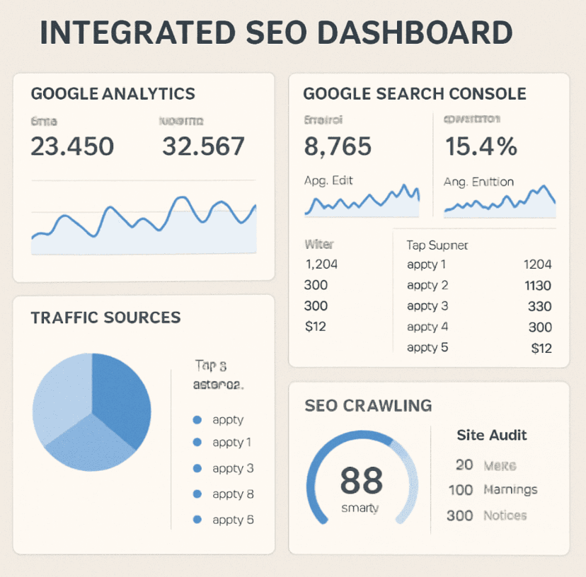 A dashboard showing the integration of Google Analytics, Search Console, and SEO crawling tools