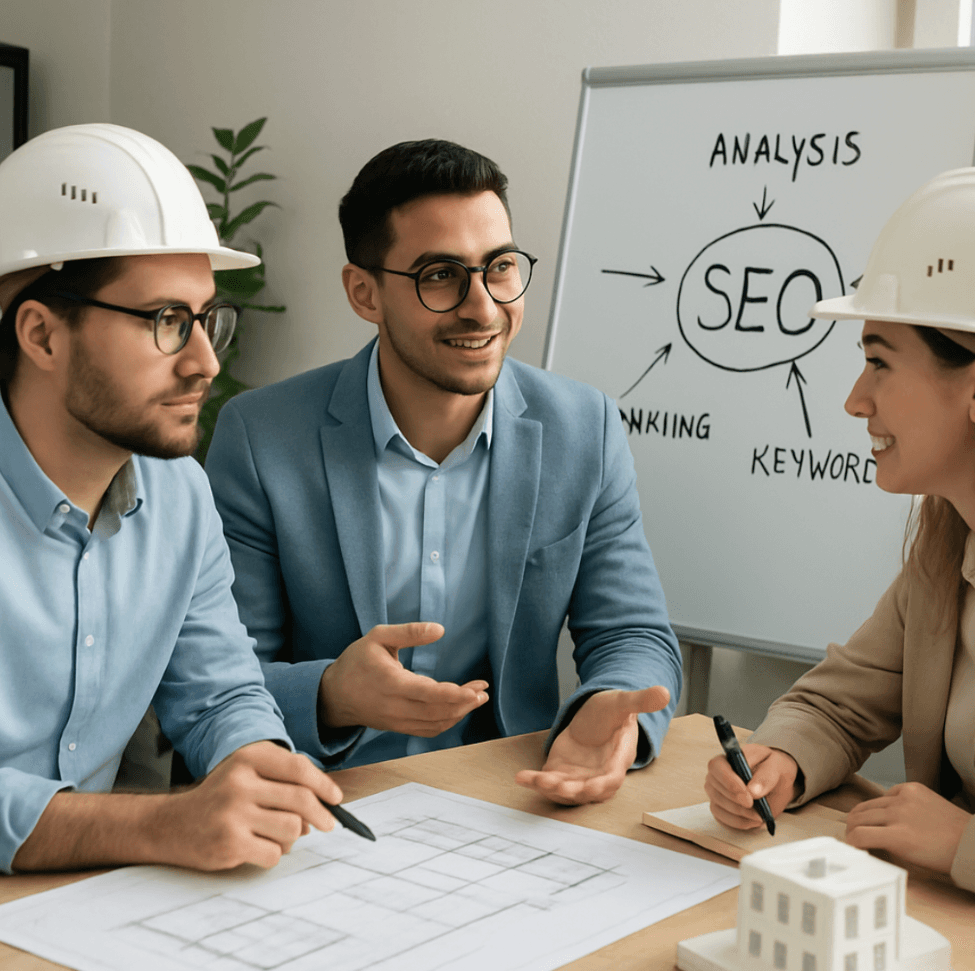 Architects discussing SEO strategies with a digital marketing consultant