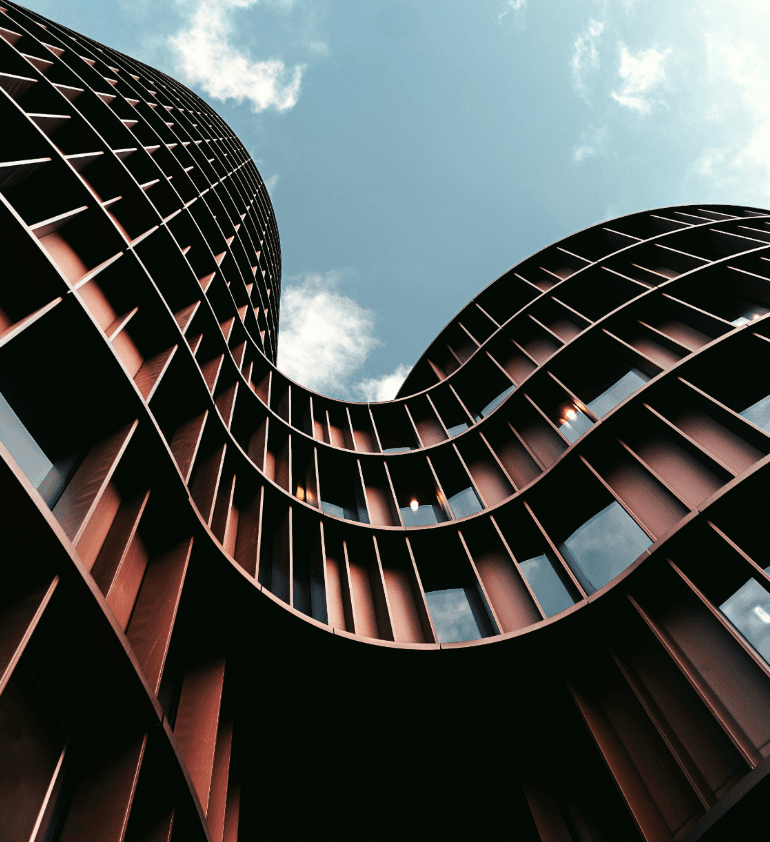 Architectural content marketing — striking building facade representing authority and presence