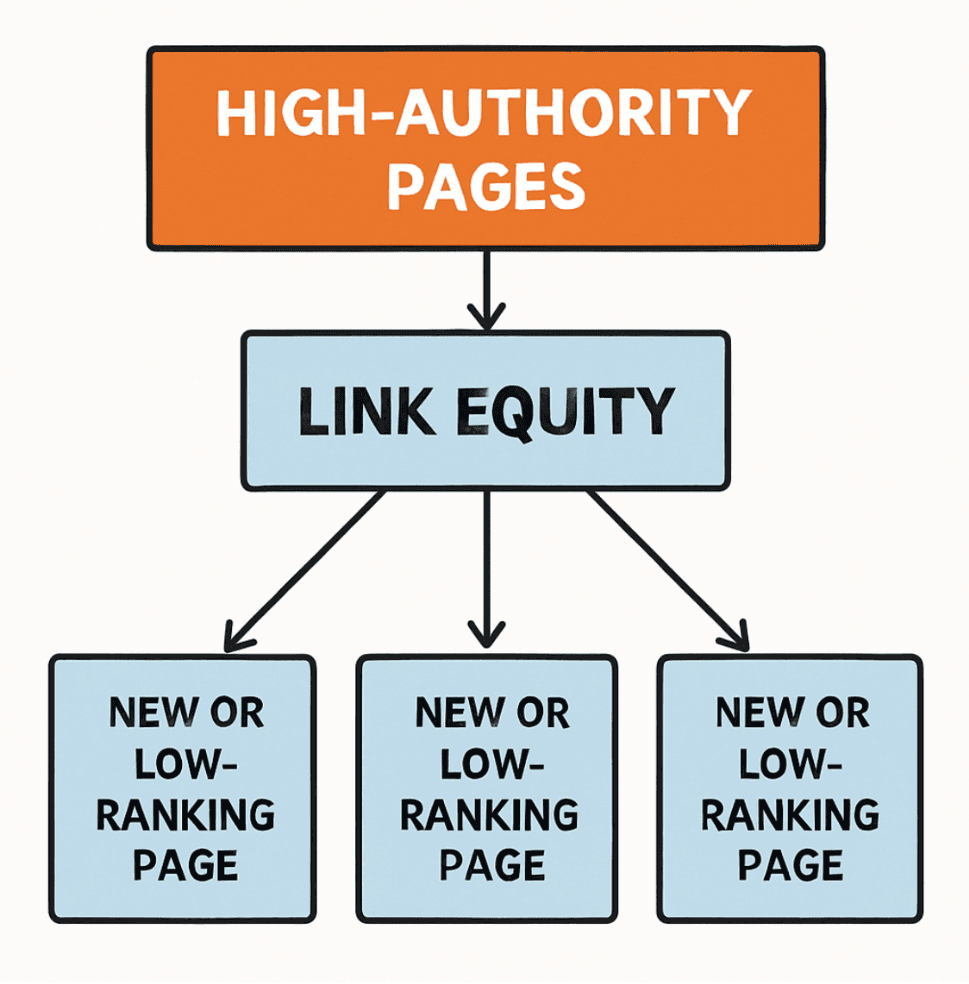 A flow chart demonstrating how link equity flows from high-authority pages to new or low-ranking pages in English