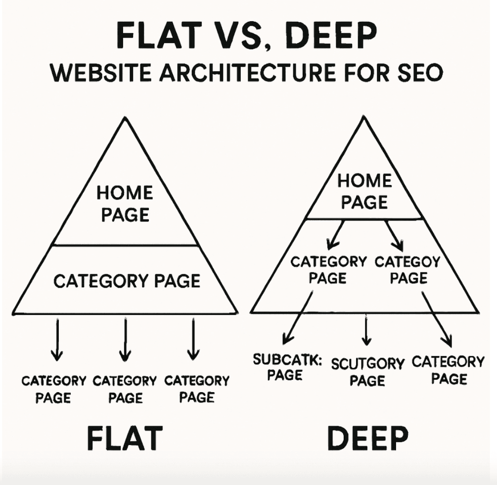 A pyramid diagram illustrating a flat versus deep website architecture for SEO in English