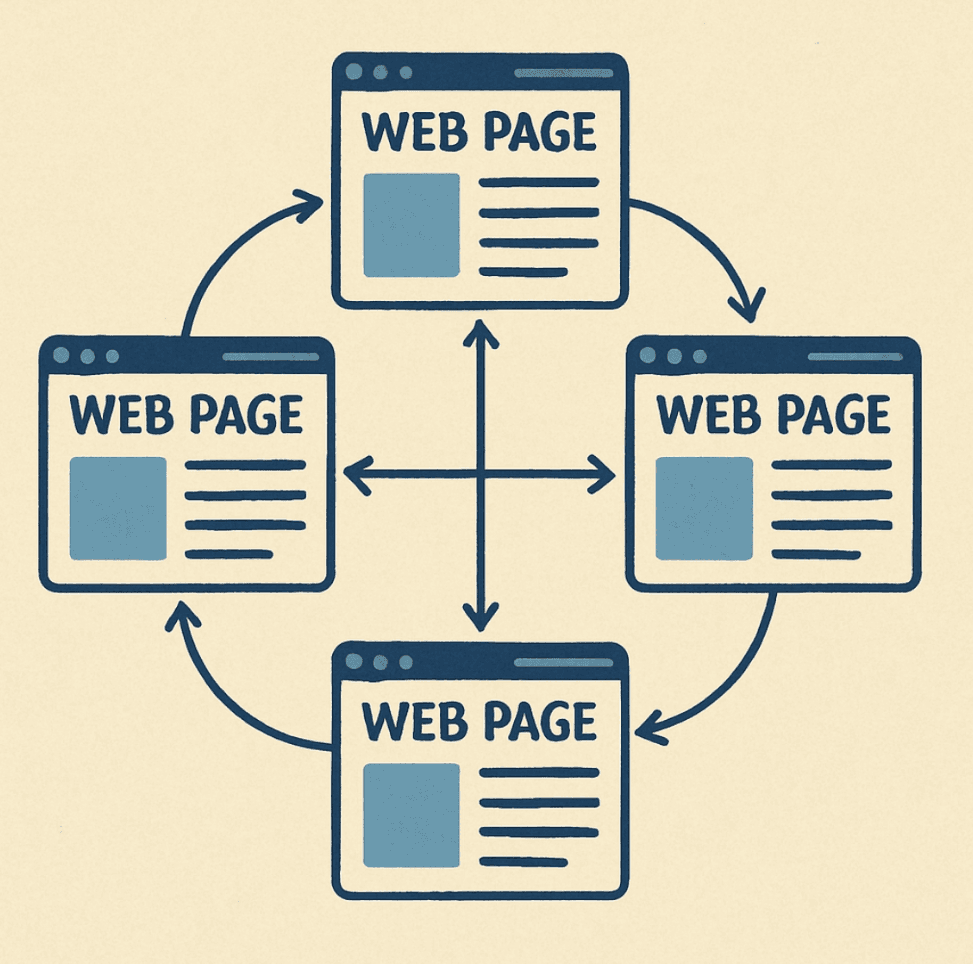 A visual representation of interconnected web pages forming a cohesive network in English