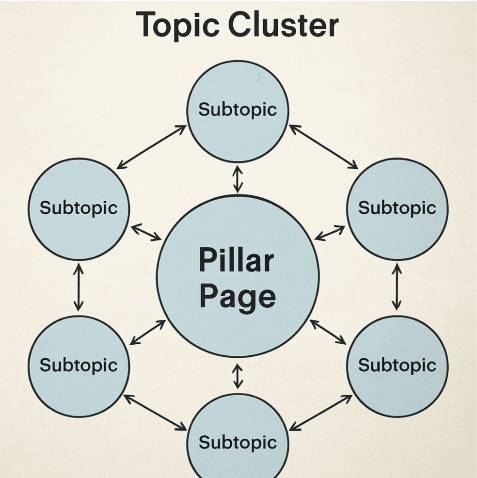 Diagram showing the hub and spoke model of a topic cluster with internal links connecting them in English