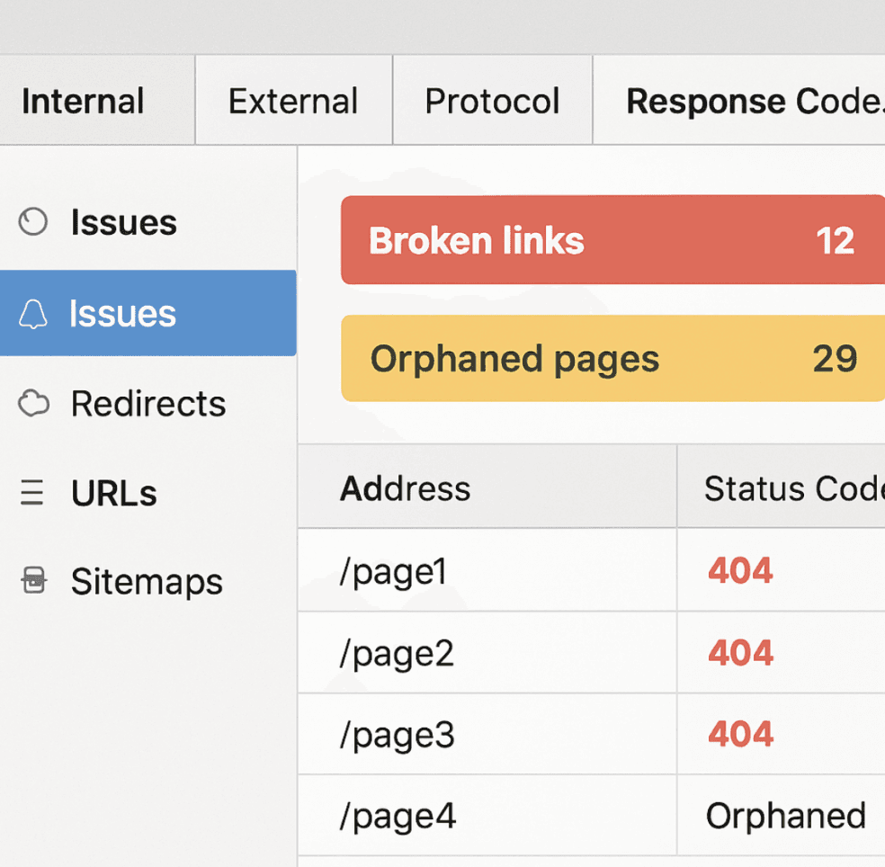 Screenshot of an SEO crawling tool highlighting broken links and orphaned pages in English