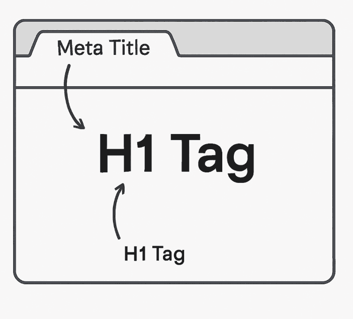 Diagram comparing where the Meta Title appears in browser tab and Google search results versus where the H1 tag appears on the actual webpage content — showing the relationship between on-page and off-page SEO elements