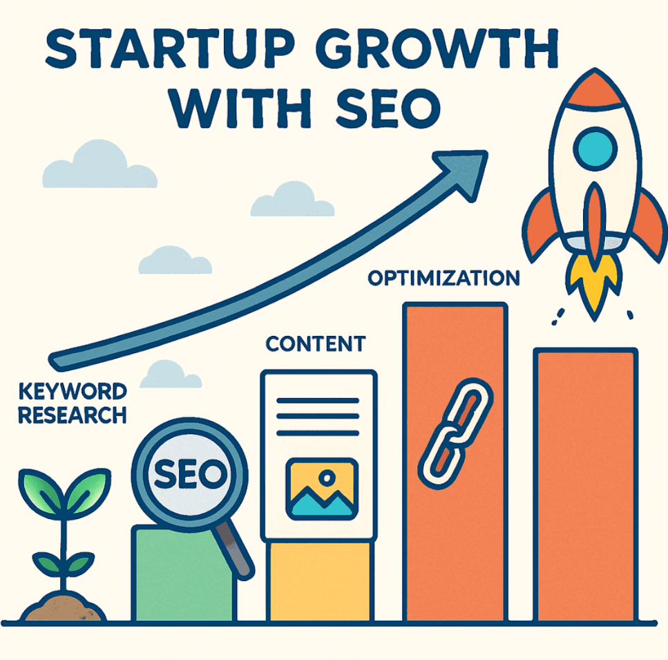 Startup growth with SEO — keyword research, content, link building, and optimization stages