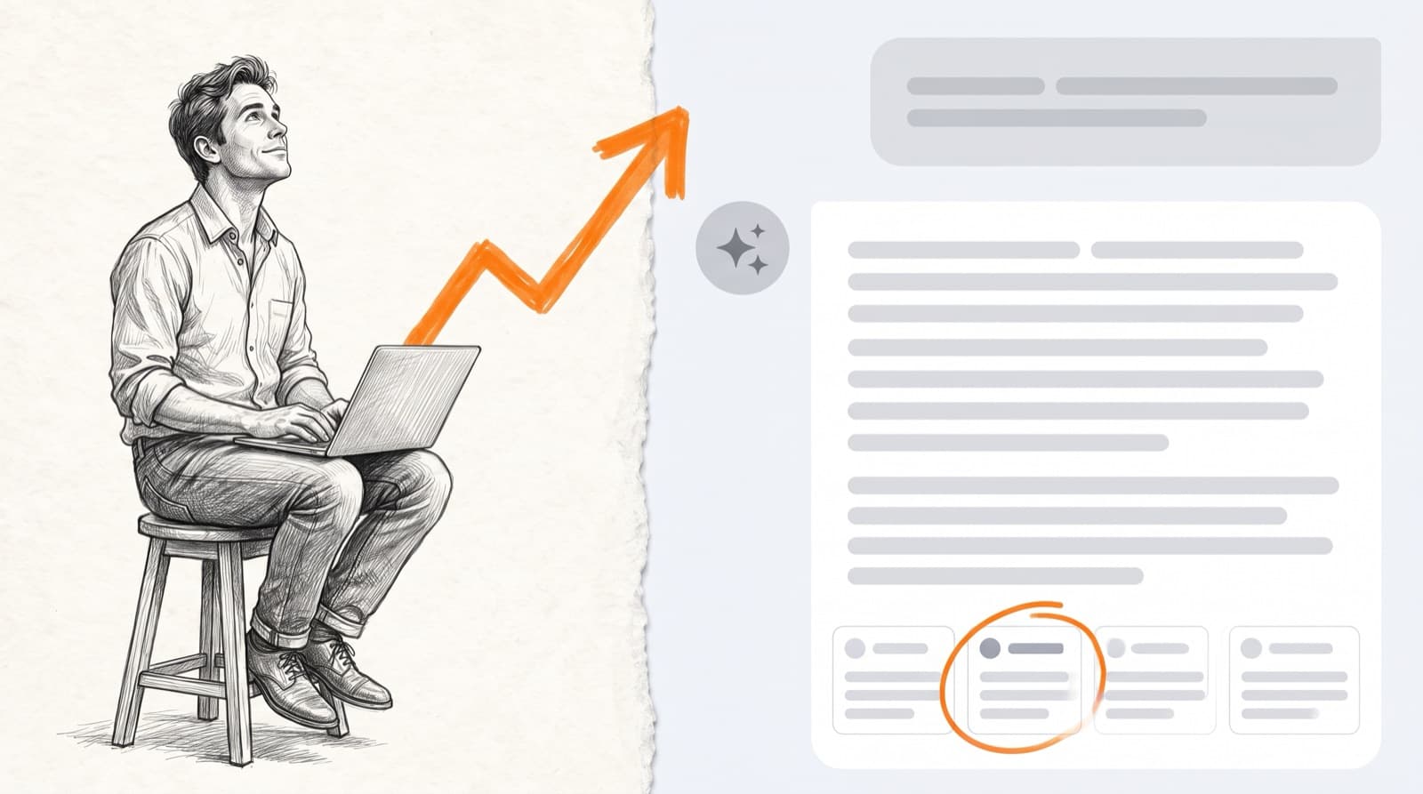 Pencil sketch of a man with a laptop; an orange arrow leads to an AI chat answer where one source card is circled