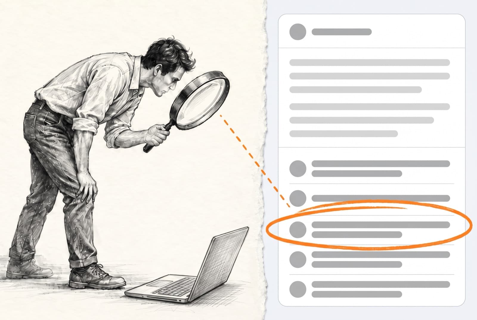 A man inspects a laptop through a magnifying glass; one source in an AI answer's source list is circled in orange