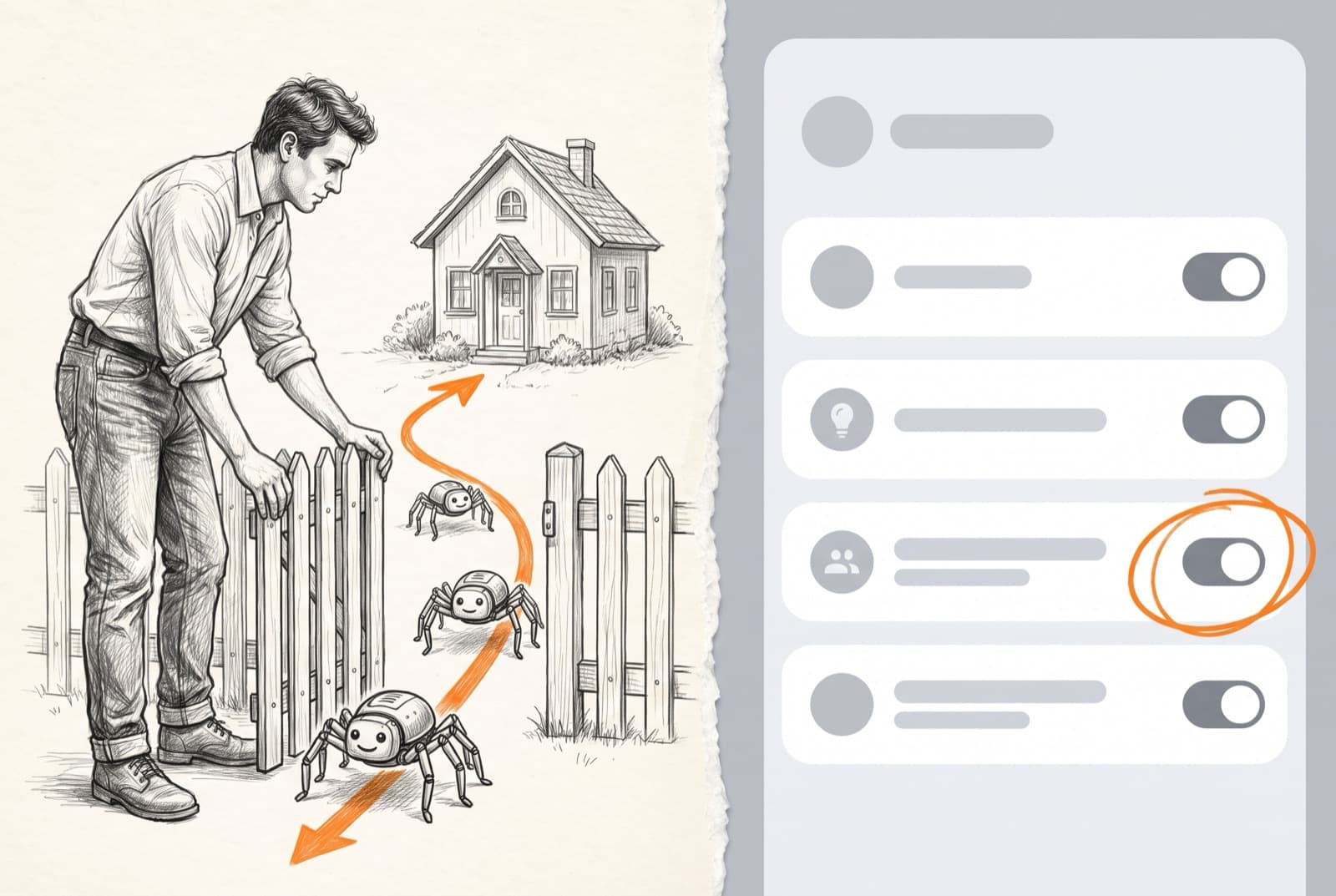 A man holds a garden gate open for small robot crawlers walking to a house; a settings panel shows a bot access toggle circled