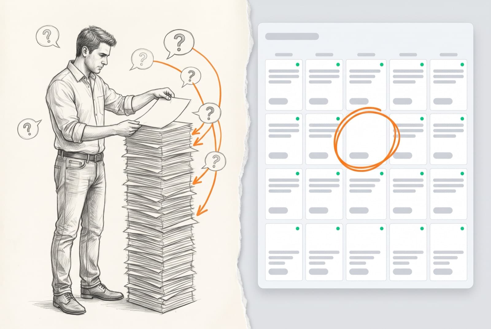 A man adds a page to a tall stack while question bubbles link to pages; a content calendar with one article per day