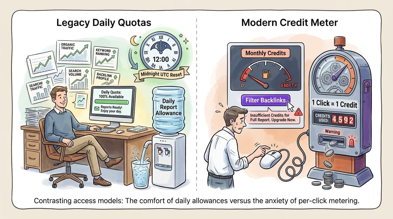 Two-panel editorial cartoon contrasting a relaxed researcher under a resetting daily quota with an anxious analyst whose mouse clicks are metered per action.