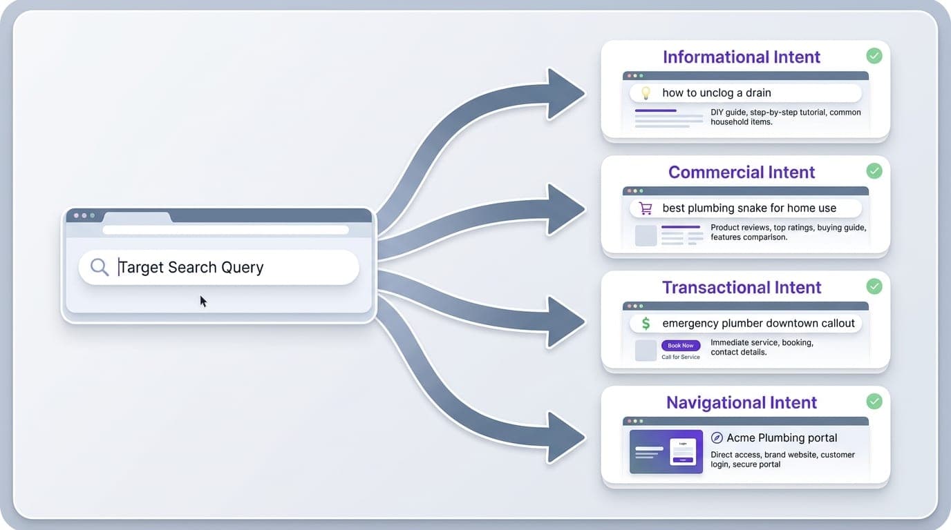 Branching diagram categorizing search queries into four intents: informational, commercial, transactional, and navigational.