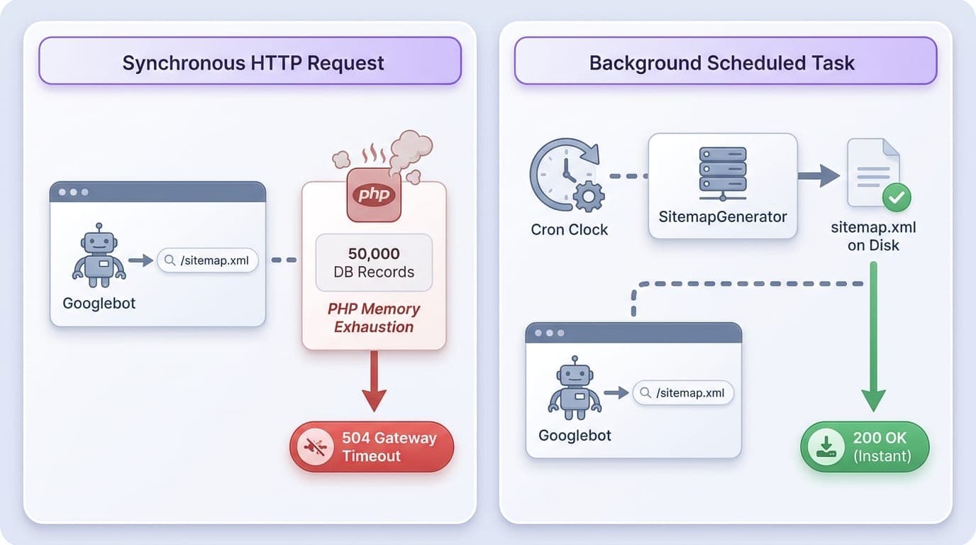 Split-panel comparison showing the failure of synchronous sitemap generation causing memory exhaustion and timeouts versus background generation writing static XML to disk.