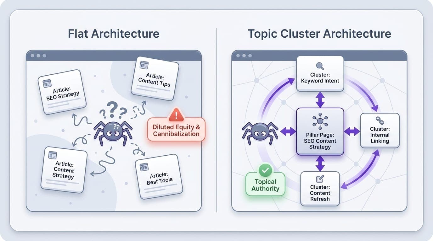 Split-panel diagram comparing flat site architecture with disconnected articles against a bidirectional topic cluster structure that builds topical authority.