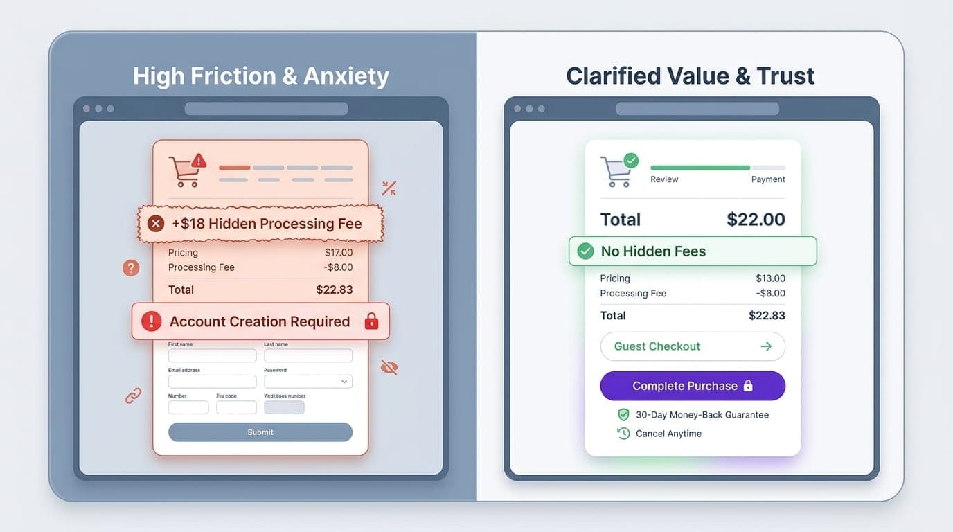 A split-panel comparison contrasting a high-anxiety checkout with surprise fees against an optimized checkout with transparent pricing, guest checkout, and explicit guarantees.