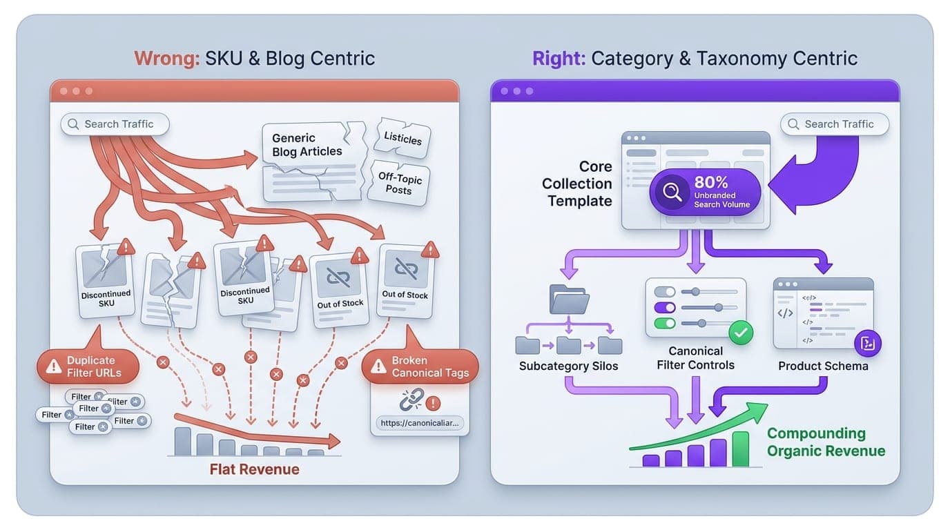 A split-panel diagram contrasting a flawed SKU and blog-centric ecommerce SEO approach with a category-first SEO architecture that drives steady organic revenue.