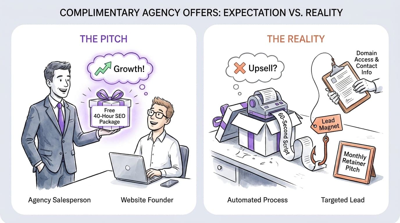 Editorial cartoon showing the contrast between an agency promising a free forty-hour SEO package and the reality of a 60-second script used as a lead magnet to pitch monthly retainers.