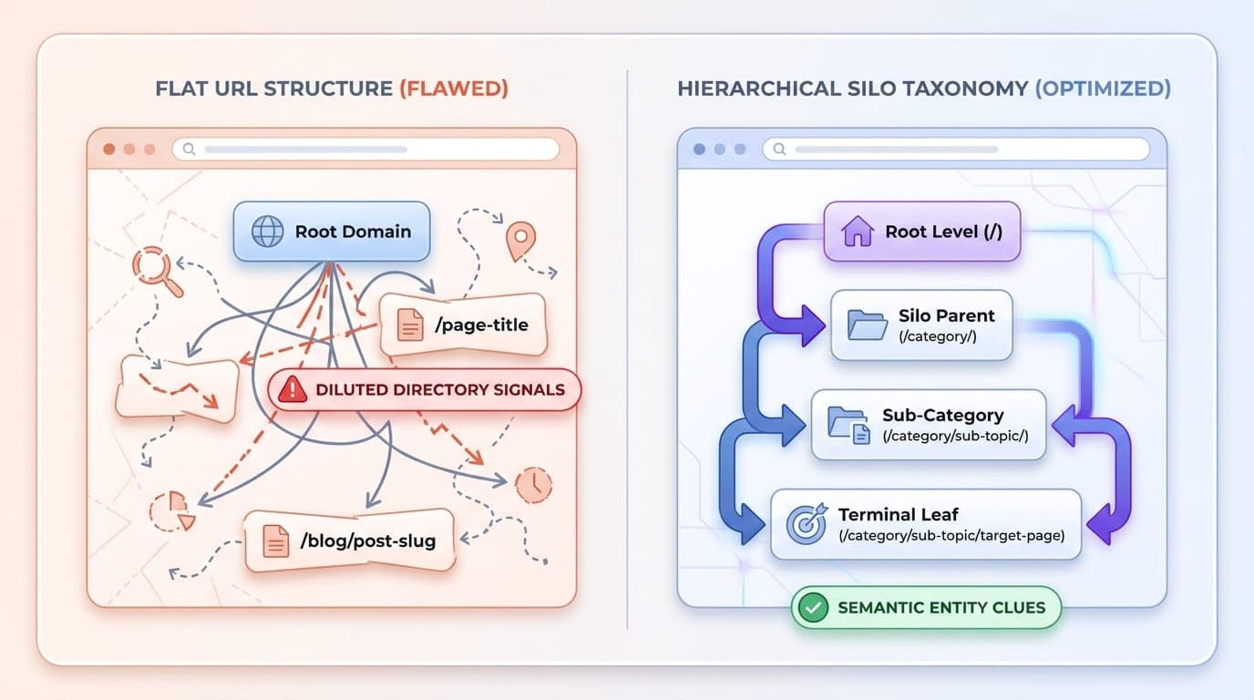 Side-by-side comparison illustrating a disordered flat URL pattern versus a structured four-tier siloed taxonomy.