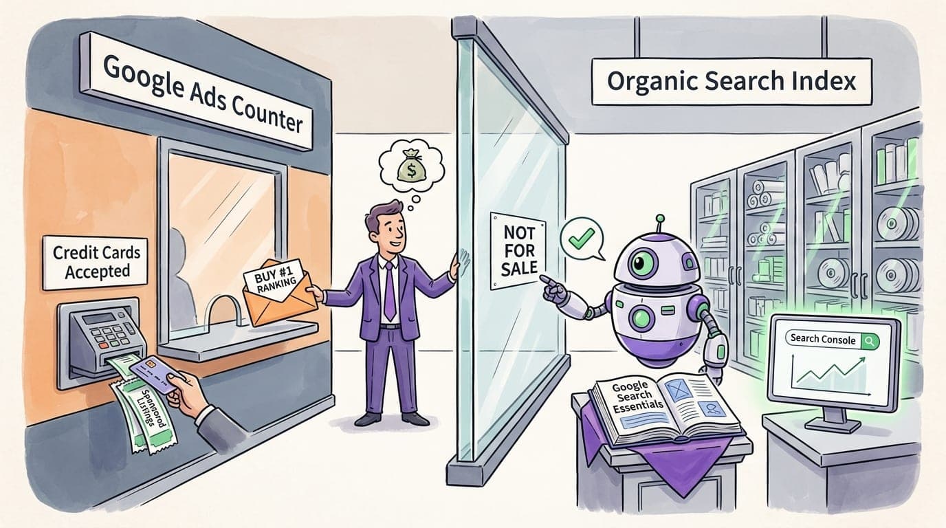 Editorial cartoon showing a Google Ads counter separated by glass from an Organic Search Index labeled Not for Sale.