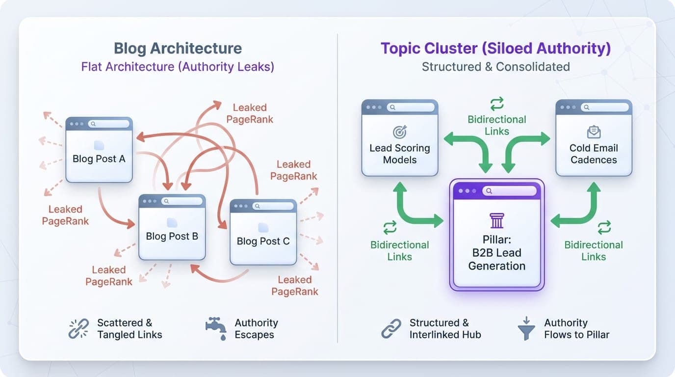 Split panel comparing a disorganized flat site structure leaking authority with an organized topic cluster linking subtopics to a main pillar page.