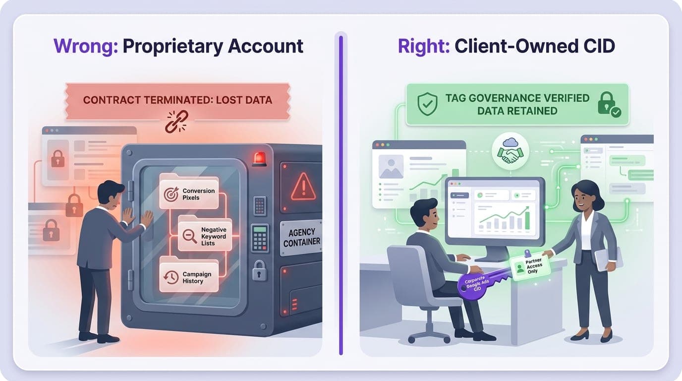 Split-panel comparison showing the danger of an agency-owned proprietary account versus the security of a client-owned Google Ads CID with partner access.