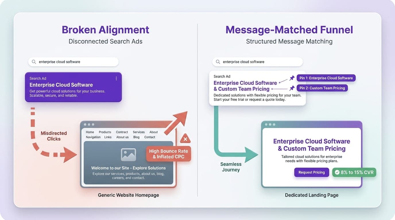 Before-and-after comparison showing an ad leading to a generic homepage causing high bounces versus a pinned ad leading to a dedicated landing page driving conversions.