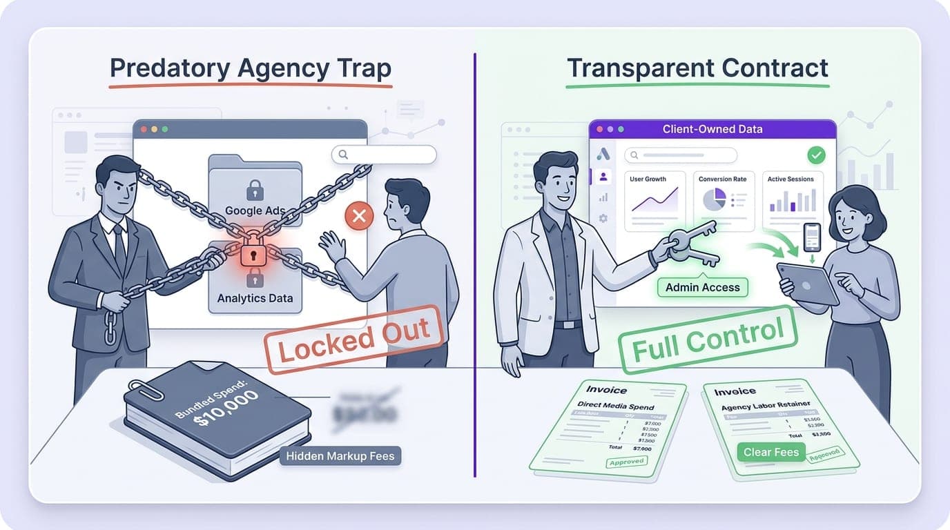 A split-panel illustration contrasting a predatory agency locking client Google Ads and Analytics behind bundled invoices versus a transparent agency providing full account ownership and separated labor bills.