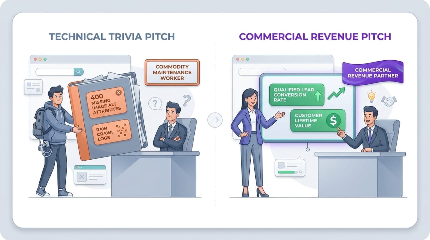 Split panel comparing a technical trivia pitch focusing on 400 missing alt attributes to a commercial pitch focusing on conversion rates and customer lifetime value.