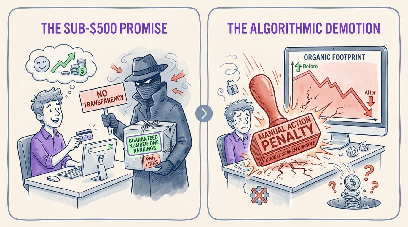 Editorial cartoon contrasting an enticing sub-$500 SEO offer with the resulting Google manual penalty and collapsed organic footprint.