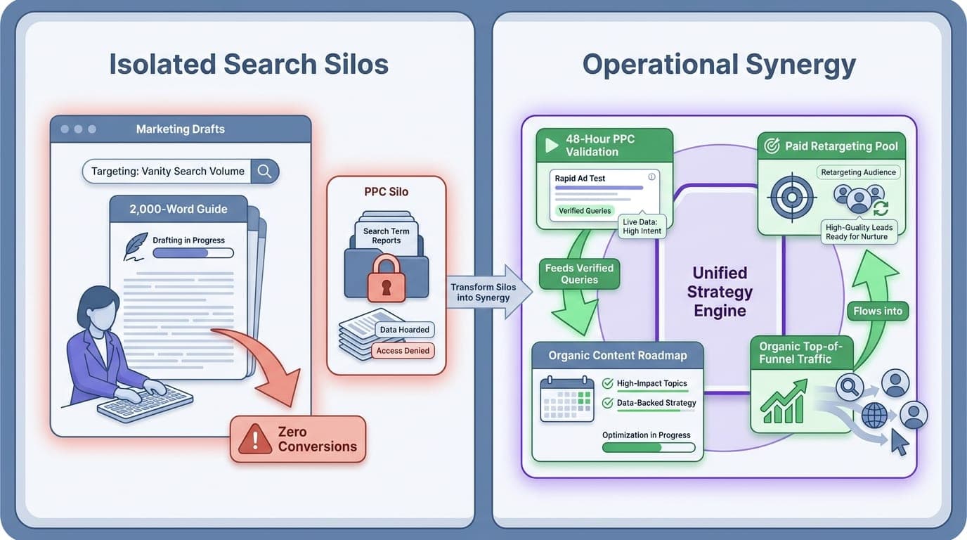 A split-panel comparison showing isolated search silos wasting time on unvalidated vanity keywords on the left versus an integrated workflow where 48-hour paid ad tests validate intent for organic roadmaps on the right.