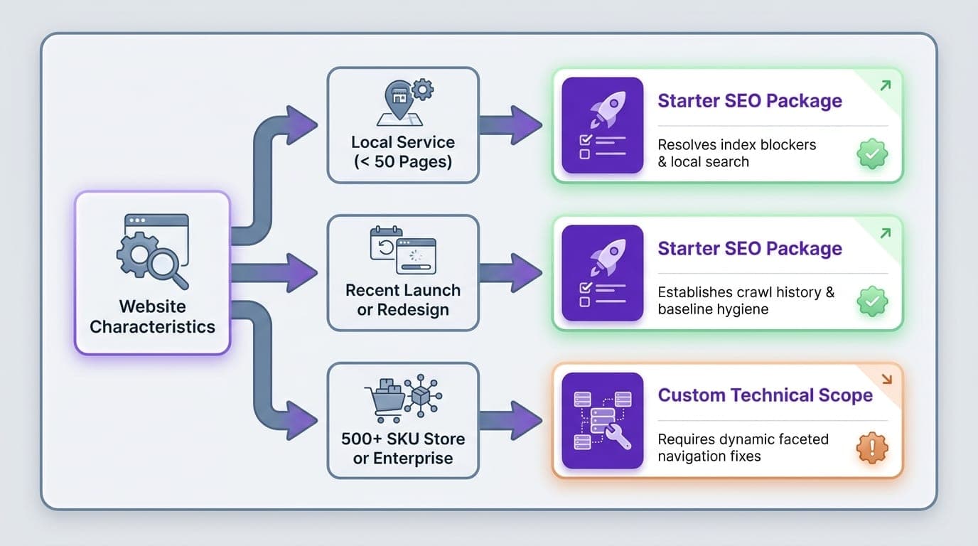 Branching diagram showing when to choose a starter SEO package versus custom technical SEO based on site characteristics, page count, and catalog complexity.