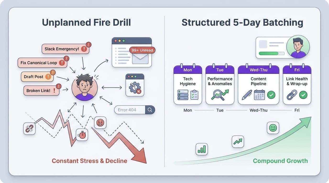 A split-panel illustration contrasting a chaotic, reactive daily SEO routine with an organized five-day batched schedule.