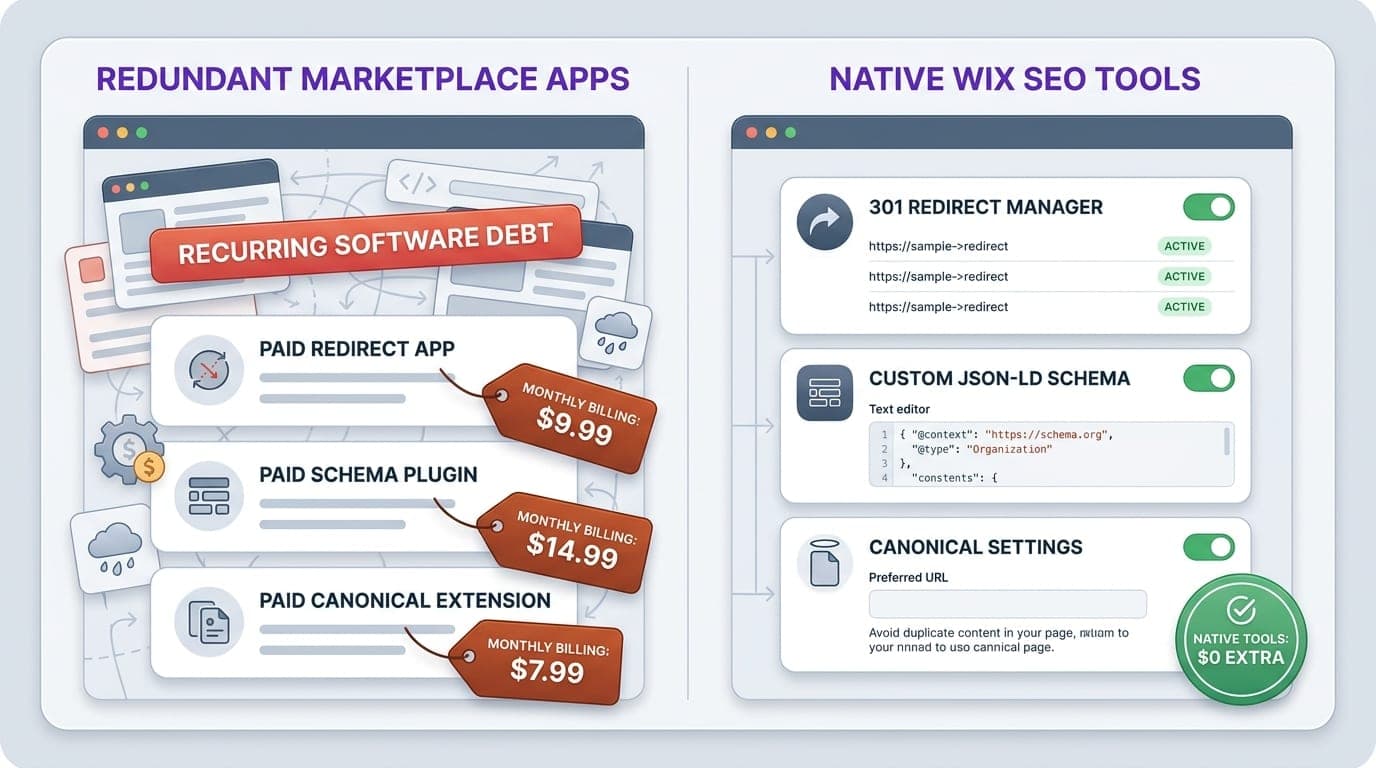 A split-panel graphic comparing paid third-party Wix marketplace apps that create recurring software debt against free native Wix tools like 301 redirects and JSON-LD schema.