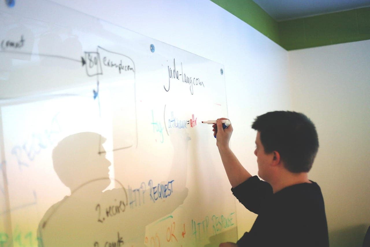 A team discussing predictive analytics on a whiteboard