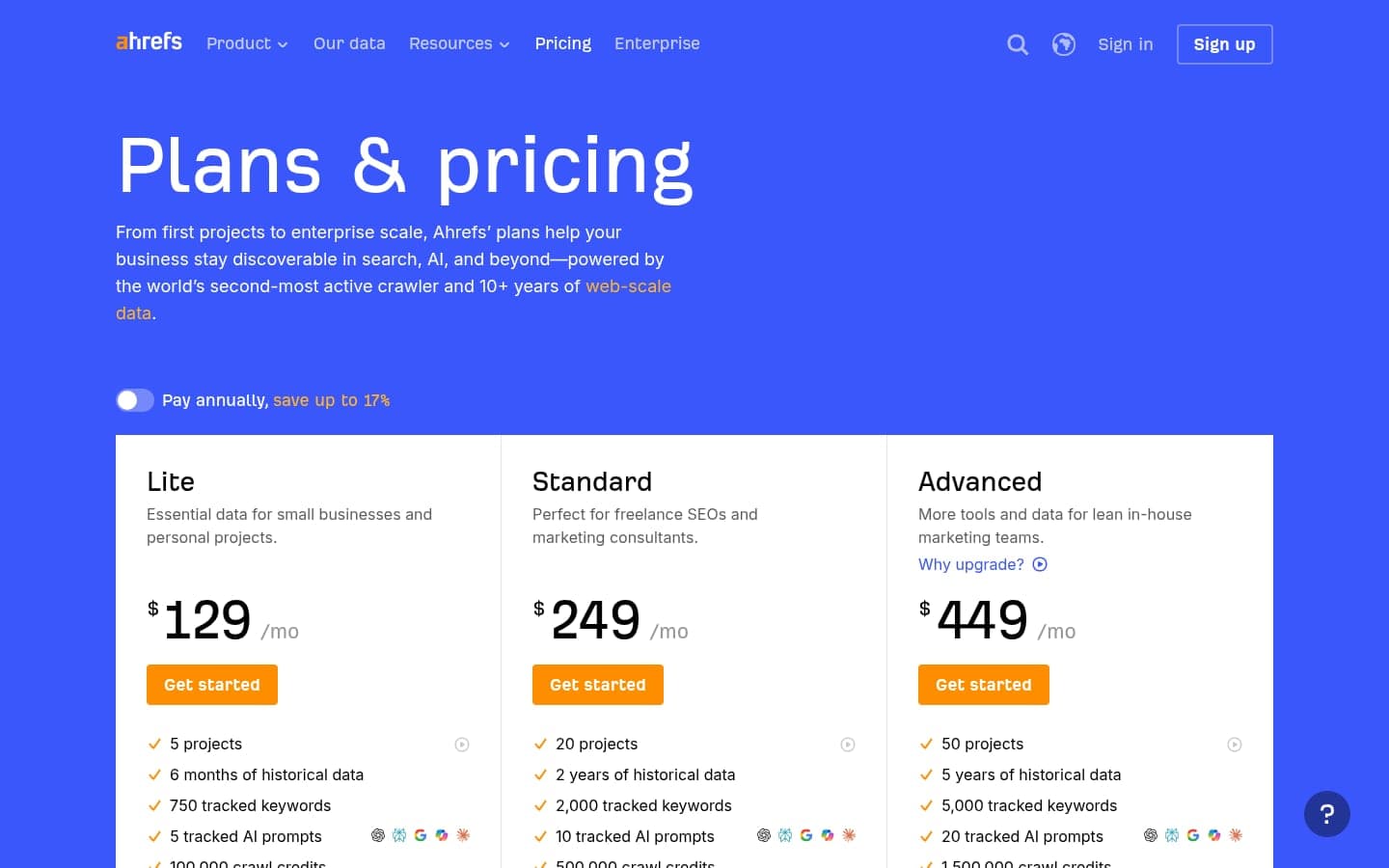 Ahrefs pricing page showing modern credit limits and tier breakdown